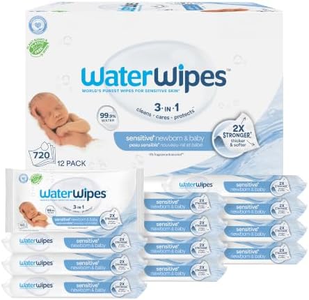 WaterWipes Sensitive+ Newborn & Baby Wipes, 3-In-1 Cleans, Cares, Protects, 99.9% Water, Unscented & Hypoallergenic, 720 Count (12 Packs)
